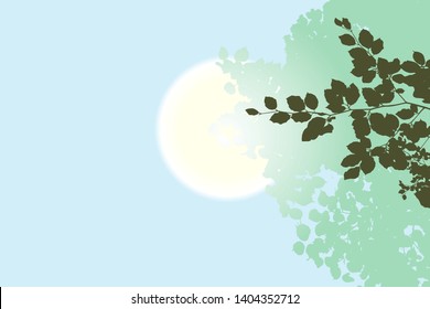 Leaves on branch, clear blue sky, sun shining - vector illustration