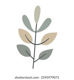 Leaves on a branch, grey, blue color. Cute illustration, vector, color, simple. Cartoon, flat. Isolated on white background