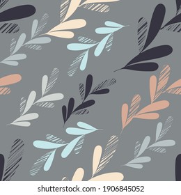 Leaves on branch with line texture in diagonal direction. Natural shades of pebble stones on grey background.Seamless vector pattern.
