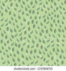 Leaves on a green background. Vector illustration. Seamless pattern with natural elements. Textile, fabric, wrapper swatch. Simple graphic design template. Endless project.