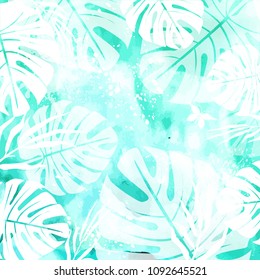 Leaves on Green Watercolor Background