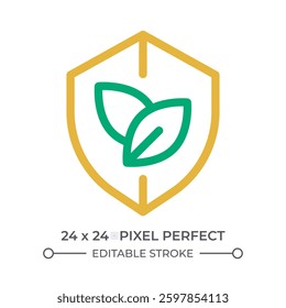 Leaves on shield colorful line ui icon. Ecology protection program. Environmentally friendly activity. Bio security. Isolated vector duotone linear symbol. User interface element, pixel perfect