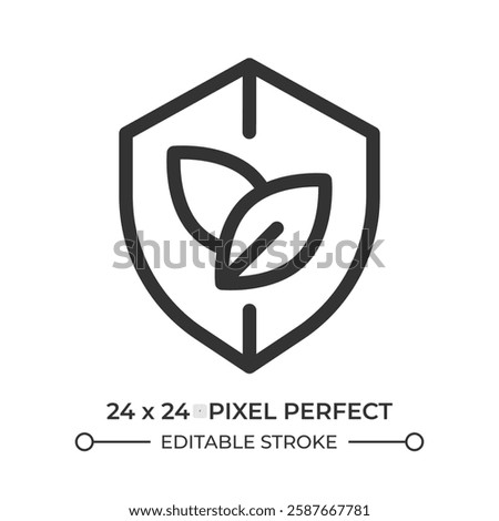 Leaves on shield line ui icon. Ecology protection program. Environmentally friendly activity. Bio security. Isolated vector outline symbol. Webdesign user interface element linear, pixel perfect