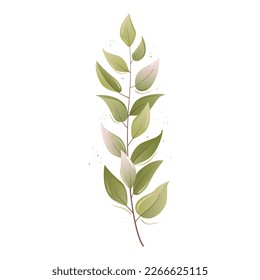 Leaves on stem. Abstract beautiful plant. Natural, eco organic. Sprig with fresh foliage. Vector illustration isolated on white background