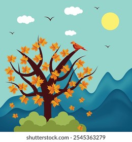 leaves on tree branches. Autumn background template with falling leaves and with an empty space for text