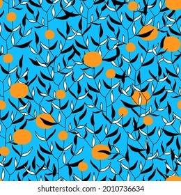 Blätter auf Zweigen. Zweig mit Beeren und Blattvektor, nahtlos schwarz, weiß, orange 