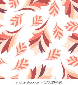 Leaves on a white background. Beige, orange, brown, maroon stripes. Vector seamless pattern. Design for card, print, cloth, wrapping. 