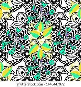 Leaves on a white, green and black colors. Hand drawn sketches leaves doodle background. Seamless Vector illustration.