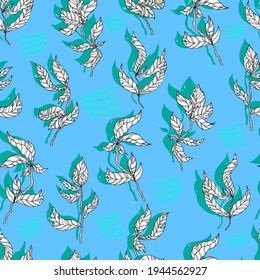 leaves on wooden twigs vector seamless pattern white and green with shadow on blue