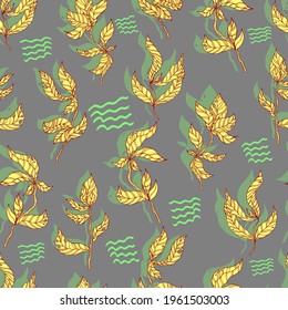 leaves on wooden twigs vector seamless pattern white and green with shadow on khaki