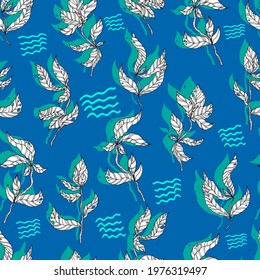leaves on wooden twigs vector seamless pattern white and green with shadow on blue