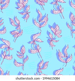 leaves on wooden twigs vector seamless pattern white and green with shadow on blue