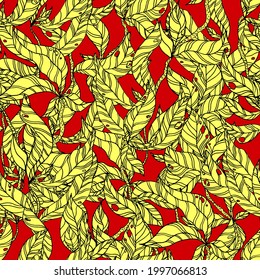leaves on wooden twigs vector seamless pattern white