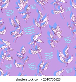 leaves on wooden twigs vector seamless pattern white and green with shadow on blue