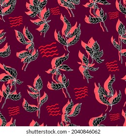 leaves on wooden twigs vector seamless pattern white and green with shadow on blue