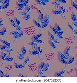 leaves on wooden twigs vector seamless pattern white and green with shadow on blue