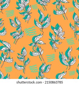 leaves on wooden twigs vector seamless pattern white and green with shadow 