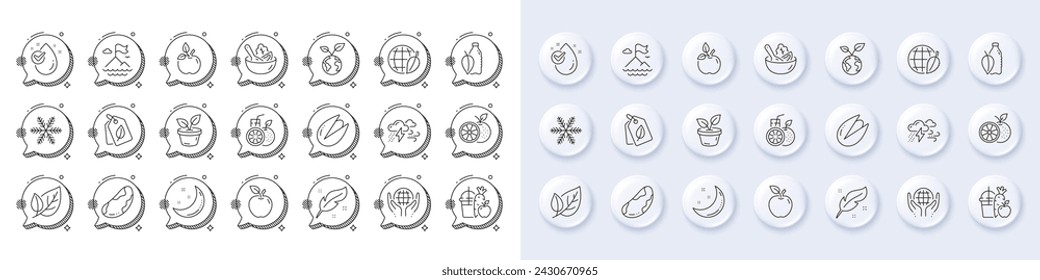 Leaves, Orange and Juice line icons. White pin 3d buttons, chat bubbles icons. Pack of Salad, Water bottle, Save planet icon. Bad weather, Feather, Bio tags pictogram. Vector