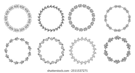 Leaves ornament circle frame rustic wreath round leaf border and floral ornaments vector set Vector