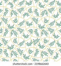 hojas ornamento patrón de círculo geométrico en hojas verdes fondo blanco.Patrón geométrico sin costura en estilo escandinavo. Diseño de mediados de siglo. Papel de pantalla.