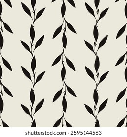 Leaves ornament pattern, dark silhouette on beige background. Textile.