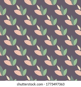 Deja adorno sin fisuras en colores verde y rosa. Fondo morado. Estilo escandinavo. Diseñado para textiles, papel de envoltura, papel pintado, impresión de tela. Ilustración vectorial.