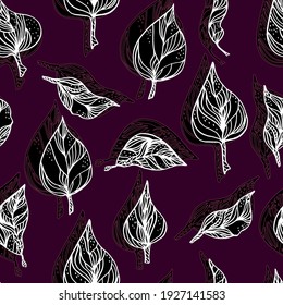 leaves with ornaments and stripes.Vector seamless pattern contour leaves with a contrast shadow
