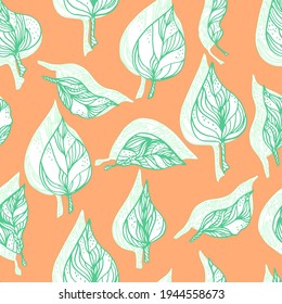 leaves with ornaments and stripes.Vector seamless pattern contour leaves with a contrast shadow