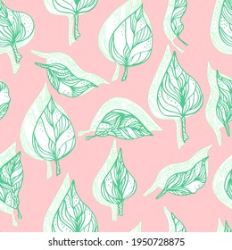 leaves with ornaments and stripes.Vector seamless pattern contour leaves with a contrast shadow