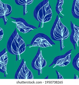 leaves with ornaments and stripes.Vector seamless pattern contour leaves with a contrast shadow
