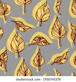 leaves with ornaments and stripes.Vector seamless pattern contour leaves with a contrast shadow