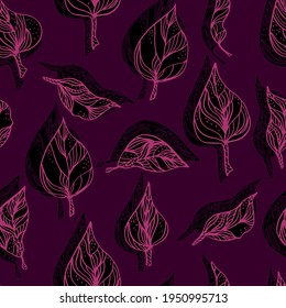 hojas con ornamentos y rayas.Hojas de contorno de patrón sin costura vectorial con sombra de contraste