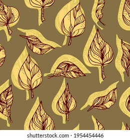leaves with ornaments and stripes.Vector seamless pattern contour leaves with a contrast shadow