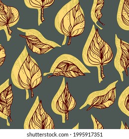 leaves with ornaments and stripes.Vector seamless pattern contour leaves with a contrast shadow