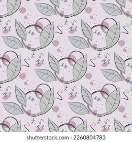 leaves with outline, dots and abstract spots