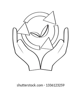 Leaves outline in recycling symbol resting in hands. Vector illustration design