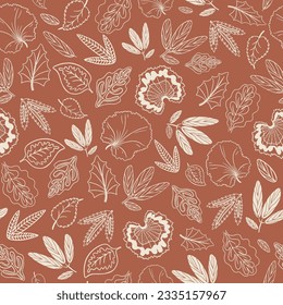 Deja el contorno de un patrón ininterrumpido. Conjunto de hojas diferentes sobre fondo marrón avellanas. Para productos textiles del hogar, papel pintado, envoltura, embalaje, ropa