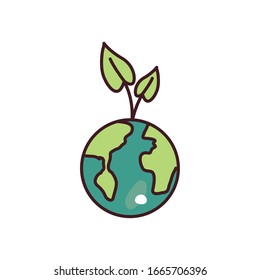 leaves over world fill style icon design, Ecology eco save green natural organic environment protection and care theme Vector illustration