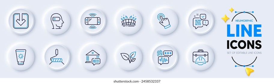 Leaves, Paint roller and Qr code line icons for web app. Pack of Arena stadium, Bid offer, Weariness pictogram icons. Sunscreen, Cursor, Biometric security signs. Construction toolbox. Vector