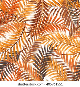 Leaves of palm tree. Seamless pattern. Palm leaf in orange brown on white background. Tropical trees leaves.