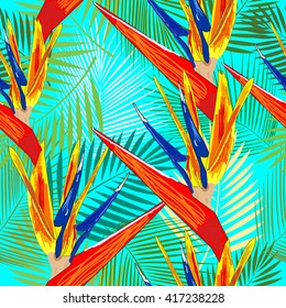 Leaves of palm tree and tropical exotic flowers. Seamless pattern. Vector background.