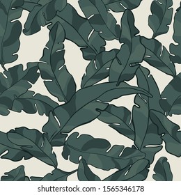 Leaves of palm tree. Vector hand-drawn image.
Seamless pattern.