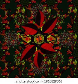 Leaves of palm. Tropical palm and manifold leaves seamless pattern. Jungle pattern. Variegated leaves on red, black and gray colors. Print on cloth template. Vector illustration.