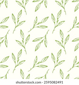 Leaves pattern background. Green contour leaf doodle hand drawn.