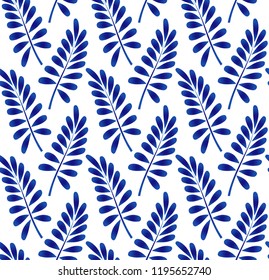 leaves pattern blue and white, ceramic seamless design, cute porcelain background, wallpaper decor with leaf, vector illustration