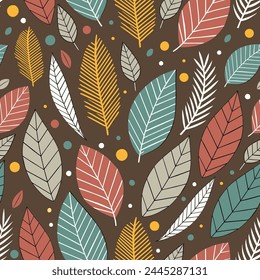 Deja el patrón. Hojas de colores sobre fondo marrón. Vector sin patrón.