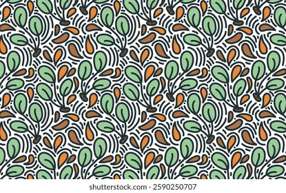 Leaves pattern with doodle surroundings. Orange and green seamless pattern