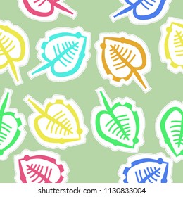 Leaves pattern, doodles,dashed lines, tags seamless pattern. Hand drawn.