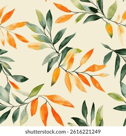 Leaves pattern, orange and green on a cream background, watercolor leaves seamless pattern. Watercolor print in rustic vintage style, textile or wallpaper.  