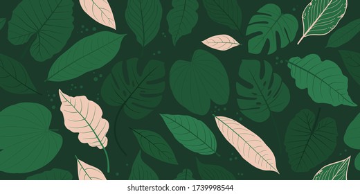 Leaves pattern or plant leaf Isolated on dark blue background. vector tropical leaves. green engraved ink art. Seamless pattern